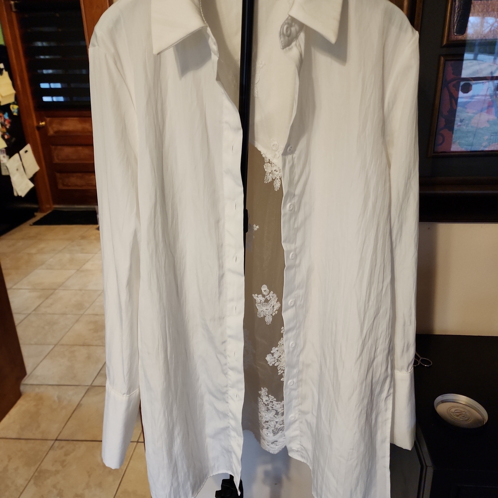 White Button-Down Blouse With Sheer Lace Back Plus Free Jewelry